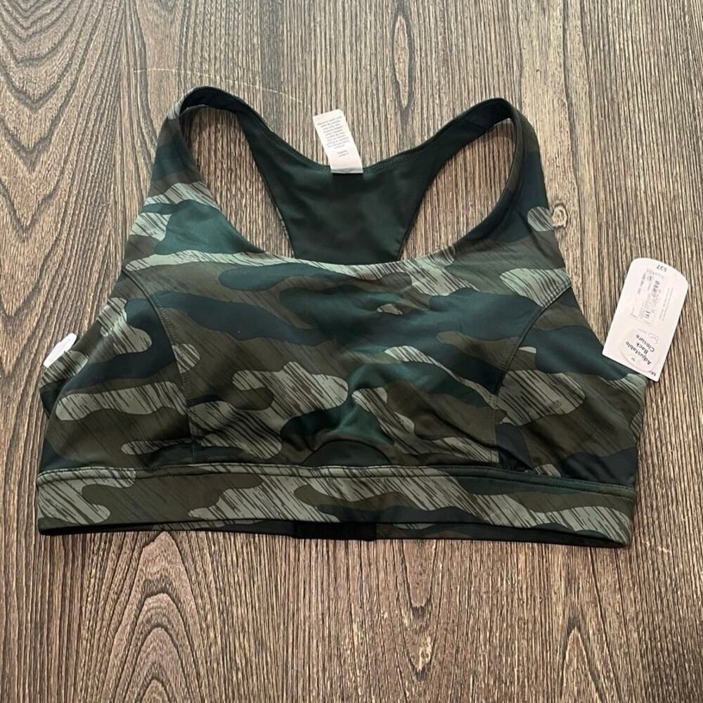 NWT Xersion Sports Bra Racerback Medium Support Midnight Green Camo Size XL